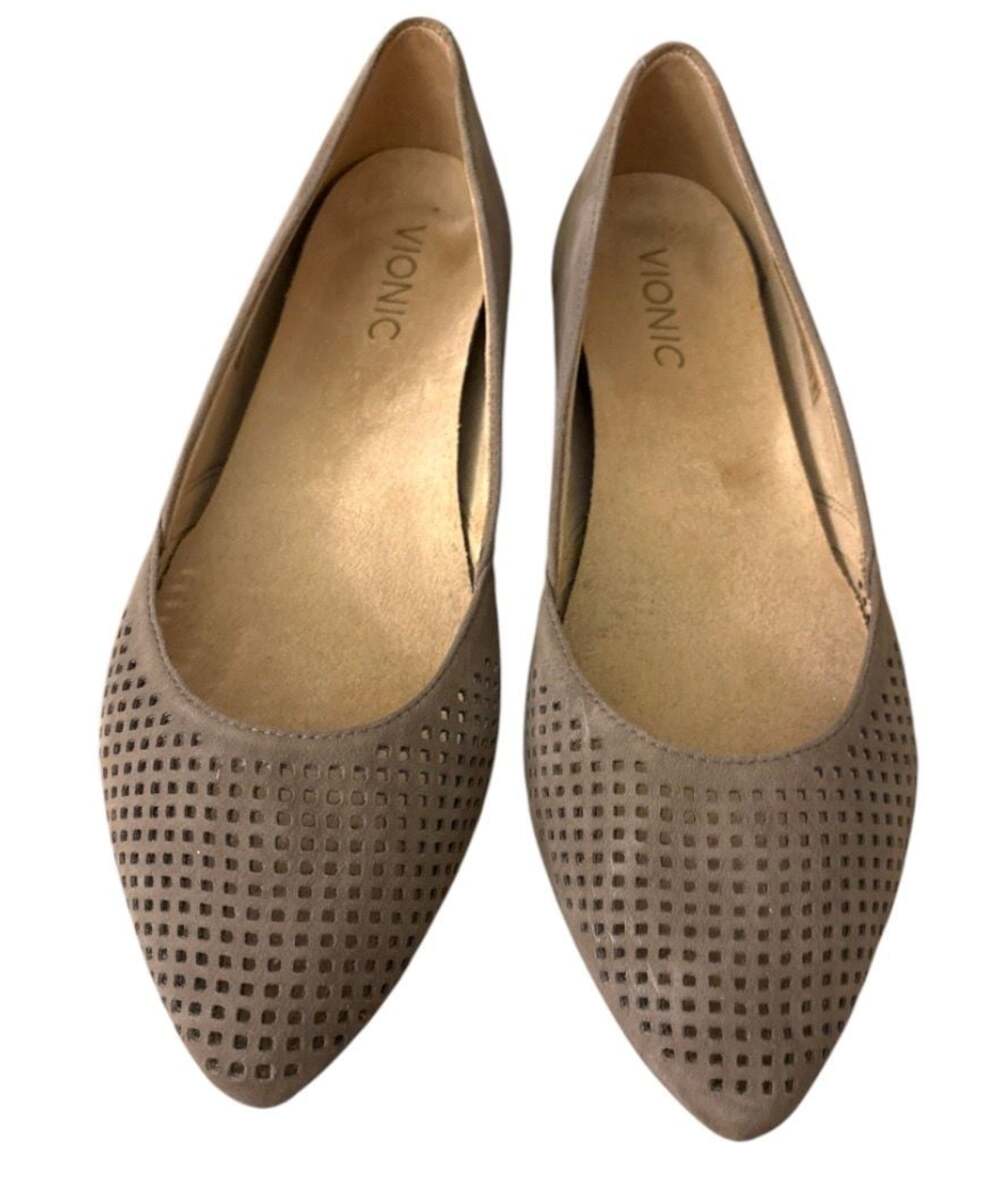 Vionic Posey Perforated Suede Pointed Toe Flats Taupe Size 8